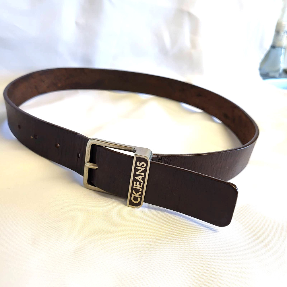 Calvin Klein Jeans Leather Belt Silver Buckle Brown Medium 35"Longest Length